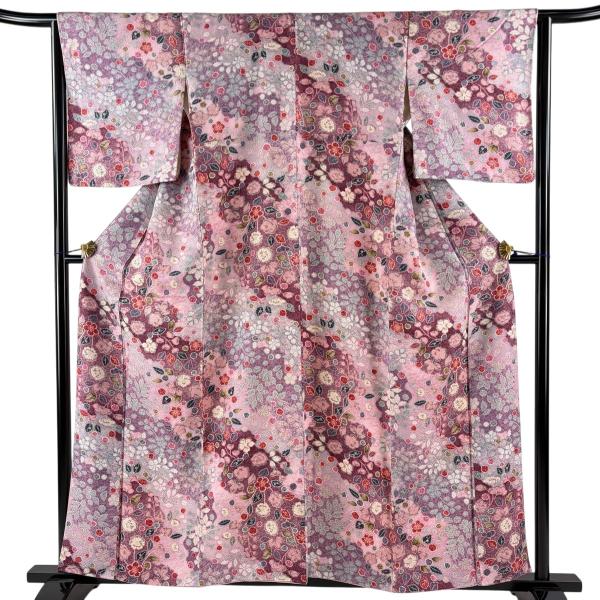 美品 小紋 身丈159cm 裄丈64.5cm M 袷 草花 紫 正絹 秀品 中古