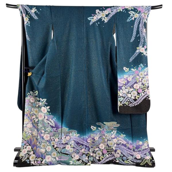 振袖 紺色 辻ヶ花 正絹 【中古】 身丈162cm 裄丈66.5cm 振袖 身丈174.5cm 裄丈70cm L 袷 辻が花 霞 金通し 金彩 青緑 正絹