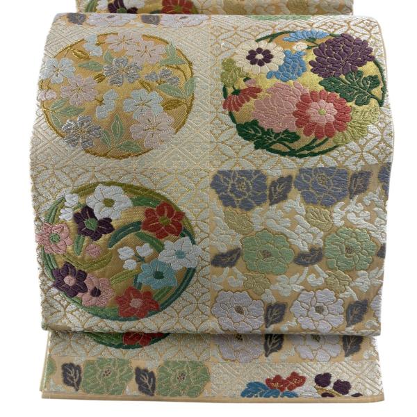 美品 袋帯 名品 花丸文 金銀糸 唐織 ベージュ 六通 正絹 中古