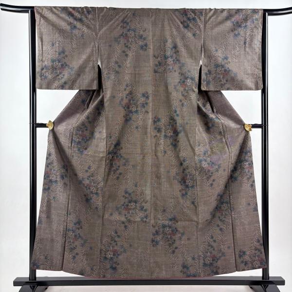 【Sab2さま専用❣】スーパートール 大島紬　身丈　約177　 裄約72　正絹 大島紬 身丈156.5cm 裄丈64cm M 袷 純泥染 証紙あり 草花 笹 焦茶色