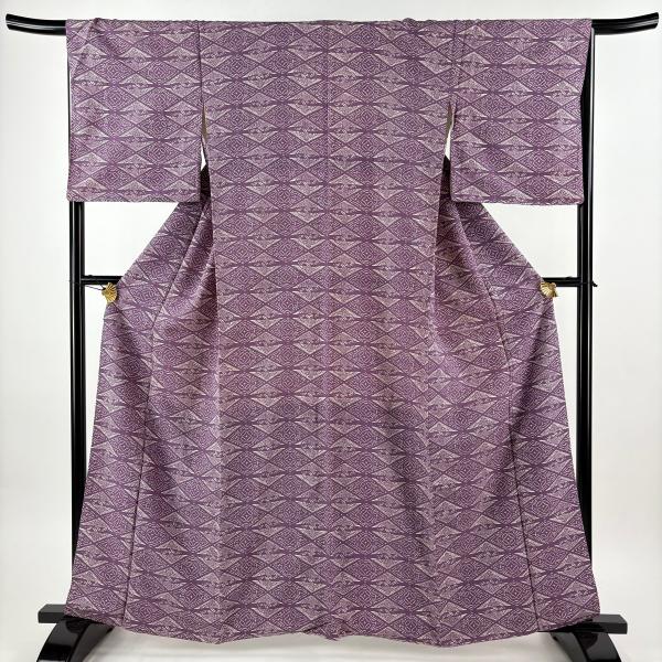小紋 身丈161cm 裄丈67.5cm L 袷 紬地 向かい鶴 菱 紫 正絹 秀品 中古