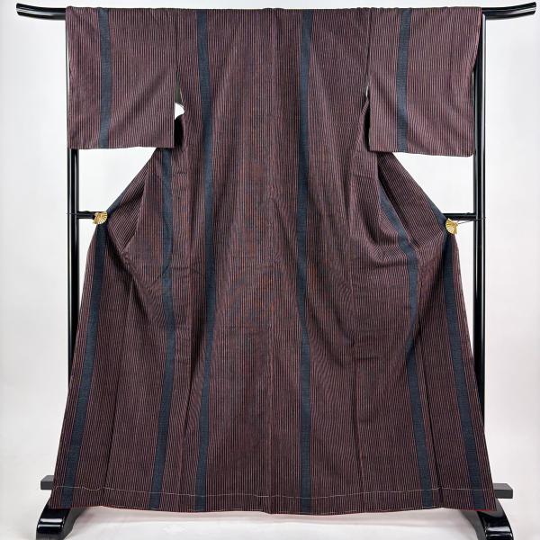 結城紬 身丈165.5cm 裄丈66.5cm M 袷 本場結城紬 証紙あり 縦縞 亀甲絣