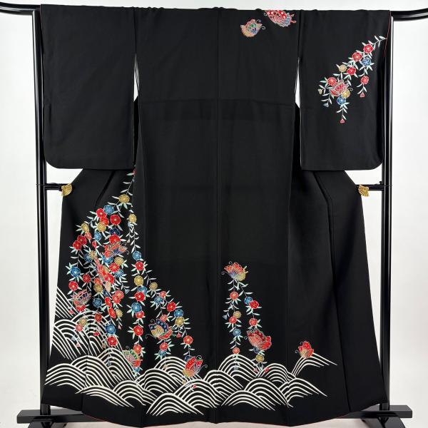 ★専用★美品 小紋 総絞り 黒 トールサイズ 身丈166cm 裄丈66cm 袷 訪問着 身丈158.5cm 裄丈65.5cm M 袷 蝶 梅 縮緬 黒 正絹 名品 中古