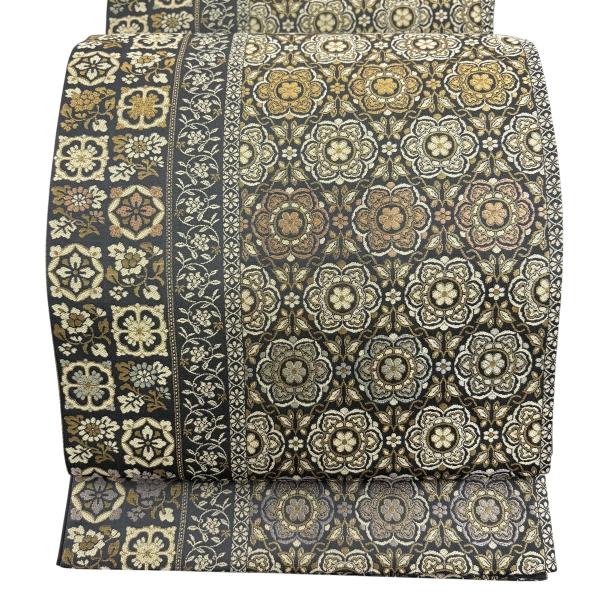 美品 袋帯 名品 箔屋清兵衛 落款あり 草花 花唐草 箔 茶緑色 六通 正絹