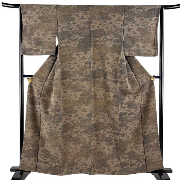 美品 小紋 身丈160cm 裄丈65cm M 袷 草花 霞 茶色 正絹 秀品 中古