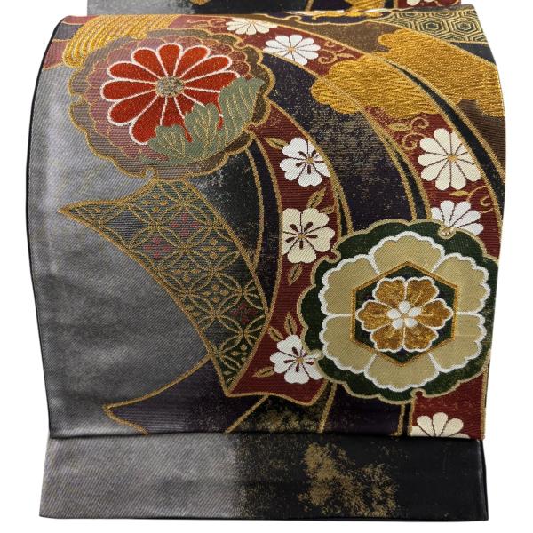 美品 袋帯 秀品 証紙あり 吉祥熨斗文 束ね熨斗 雪輪 金糸 箔 黒 六通