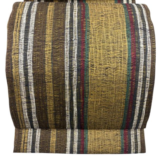 美品 袋帯 秀品 縞 黄土色 全通 正絹 中古 : リユースセレクトショップ