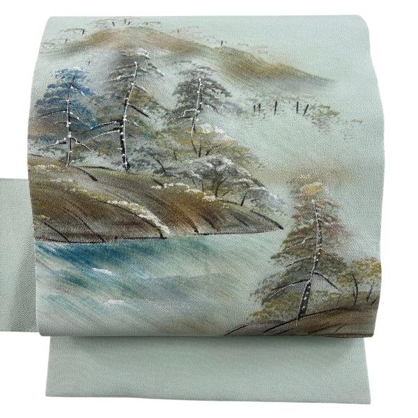 名古屋帯 優品 風景 樹木 金彩 縮緬 薄緑 正絹 中古