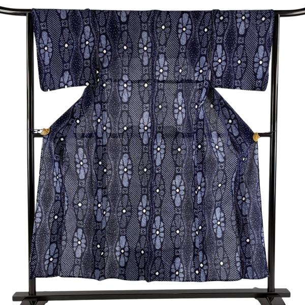 美品 浴衣 身丈150cm 裄丈64.5cm M 絞り浴衣 花 立涌 紺色 綿 名品