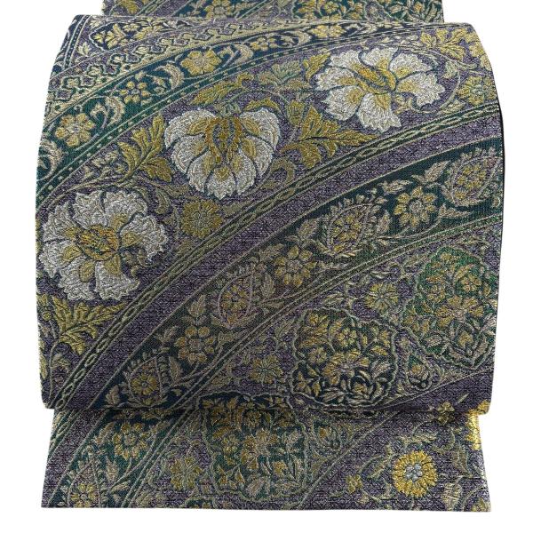 美品 袋帯 名品 証紙あり 花唐草 金銀糸 箔 紫 六通 正絹 中古