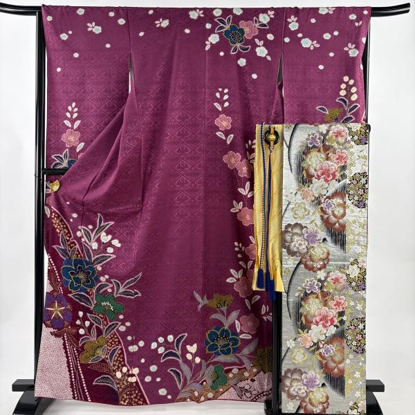 美品 振袖 身丈166cm 裄丈66.5cm M 袷 袋帯フルセット 桜 地紋 金彩