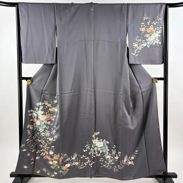 訪問着 身丈158.5cm 裄丈64.5cm M 袷 椿 菊 金彩 灰紫 正絹 秀品 一つ