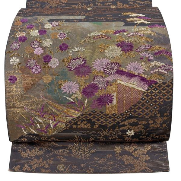 美品 袋帯 逸品 帝王紫 落款あり 菊 舟 金銀糸 刺繍 灰紫 お太鼓柄