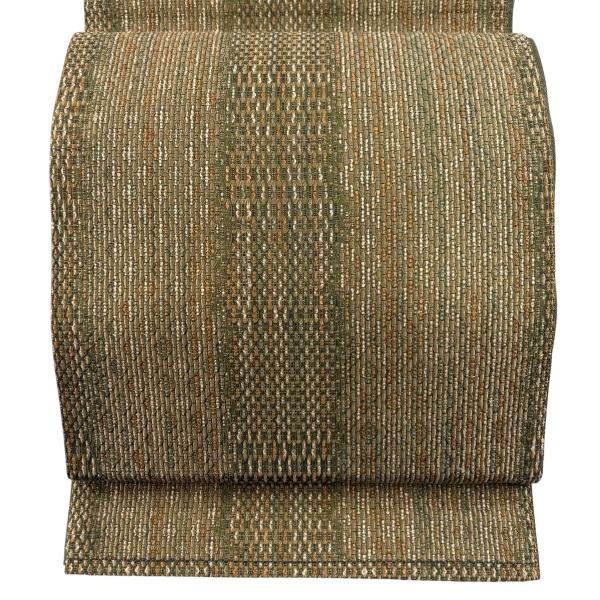 美品 袋帯 秀品 菱 幾何学 金糸 茶緑色 全通 正絹 中古