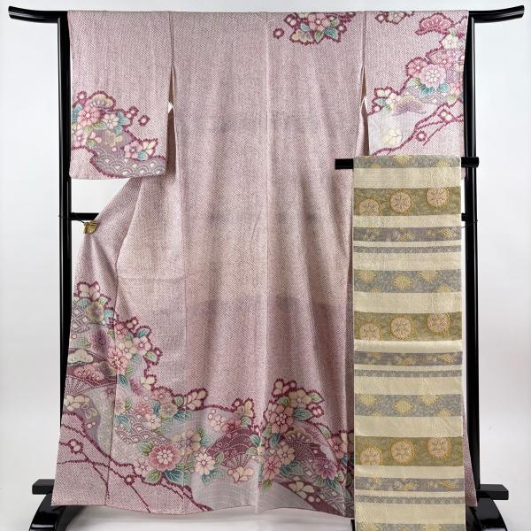 美品 訪問着 身丈164cm 裄丈64.5cm M 袷 袋帯セット 草花 扇 絞り