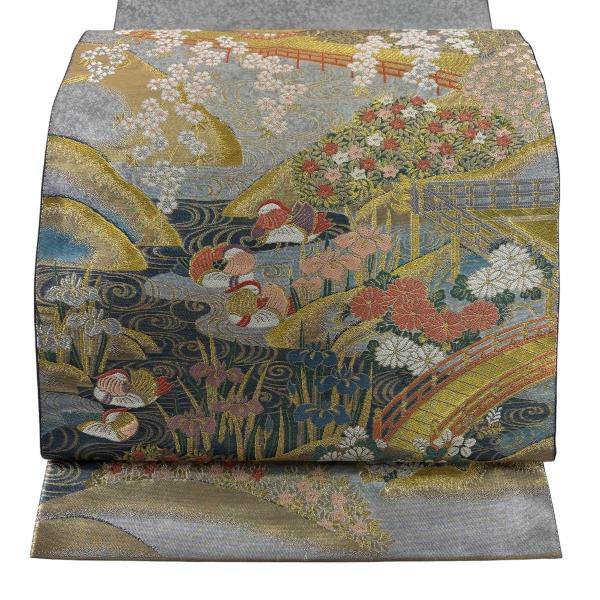 美品 袋帯 秀品 まいづる 落款あり 平安神宮 草花 箔 灰色 六通 正絹