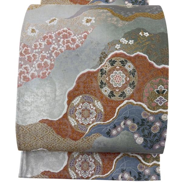 美品 袋帯 秀品 道長取 草花 箔 金銀糸 灰緑 六通 正絹 中古 在庫一掃