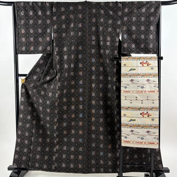 美品 大島紬 身丈162cm 裄丈67cm M 袷 名古屋帯セット 純泥染 証紙あり
