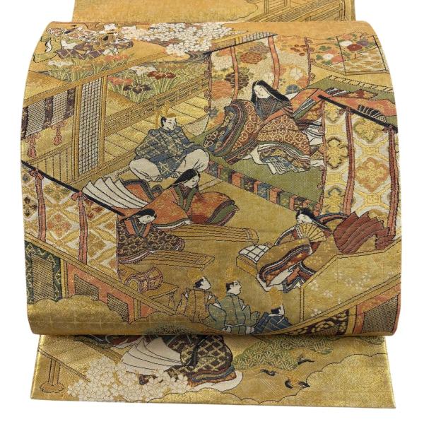 美品 袋帯 秀品 源氏物語絵図 金糸 箔 金色 お太鼓柄 正絹 中古