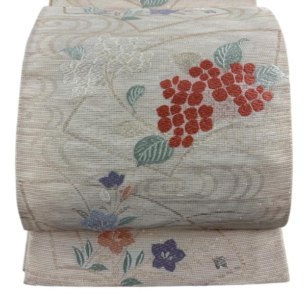 袋帯 秀品 夏帯 絽 紫陽花 扇面 箔 銀糸 ベージュ 六通 正絹 中古