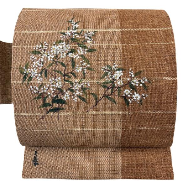 ZY-751 名古屋帯 花唐草 市松模様 上質 ハイセンス 名品 美品 美品 名古屋帯 名品 夏帯 枝花 縞 金彩 薄茶色 麻 中古 : リユース