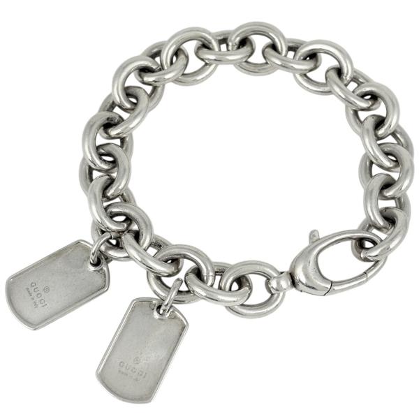 GUCCI ドッグタグ チャーム ブレスレット シルバー中古。 GUCCI（グッチ） ドッグタグ チェーン ブレスレット プレート ロゴ