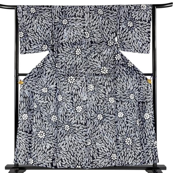 美品 浴衣 身丈157.5cm 裄丈63cm S 絞り浴衣 菊 濃紺 綿 名品 中古