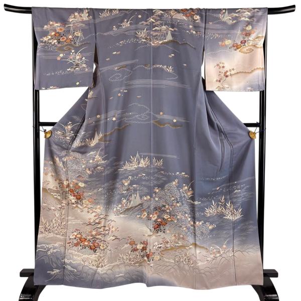 訪問着 身丈166cm 裄丈67.5cm L 袷 菊 松 金糸 金彩 灰紫 正絹 秀品