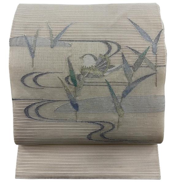 美品 名古屋帯 秀品 夏帯 絽 トンネル仕立て 鳥 流水 金銀糸 ベージュ