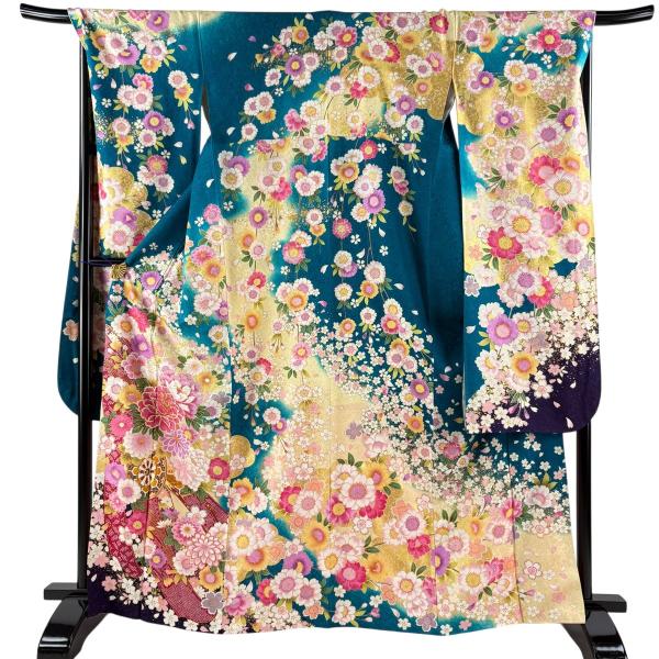 振袖 身丈166.5cm 裄丈70.5cm L 袷 花車 熨斗 銀通し 金彩 緑 正絹
