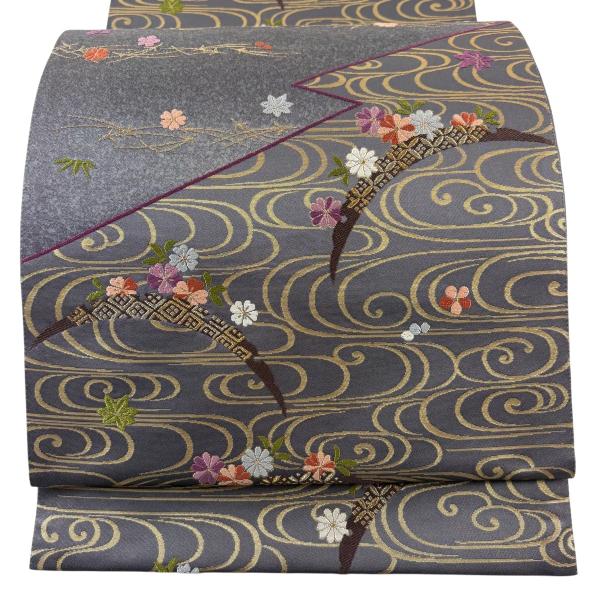 美品 袋帯 秀品 じゅらく 落款あり 松竹梅 雪芝 金糸 箔 灰色 お太鼓柄 正絹 中古