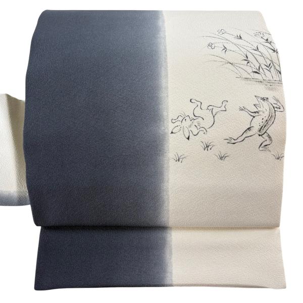 名古屋帯 名品 鳥獣戯画 黒灰 正絹 中古 : リユースセレクトショップ