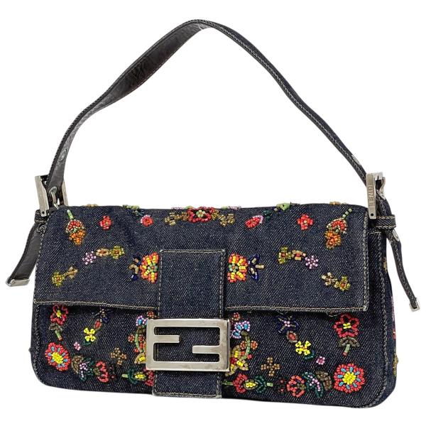 未使用品◇FENDI フェンディ 2025年製 8BS105 マンマバゲットスモール デニム ズッカ柄 FFデニム ハンド/ショルダーバッグ グレー系 保存袋付き イタリア製 レディース 定価368,500円 FENDI（フェンディ） ズッカ柄 マンマバゲット ビーズ 刺繍 ショルダー