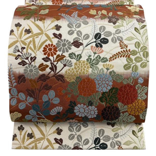 袋帯 秀品 中秋麗花文 箔 茜色 六通 正絹 中古 : リユースセレクト