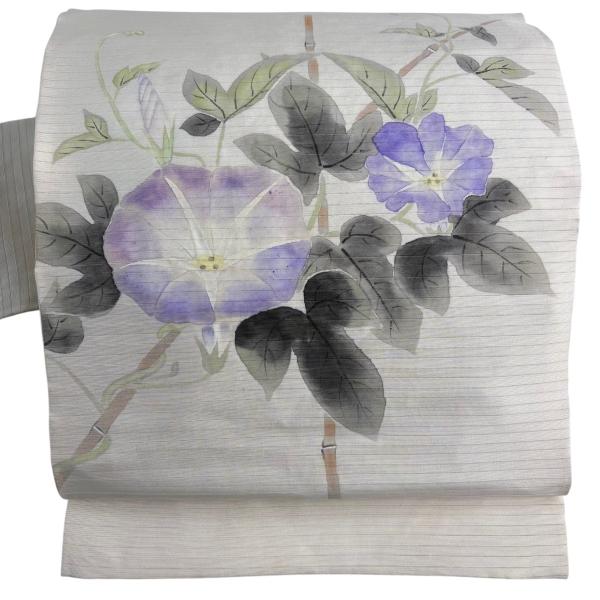 名古屋帯 秀品 落款あり 夏帯 絽 朝顔 クリーム 正絹 中古 : リユース