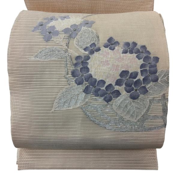 美品 名古屋帯 秀品 夏帯 紫陽花 銀糸 ベージュ 正絹 中古 : リユース
