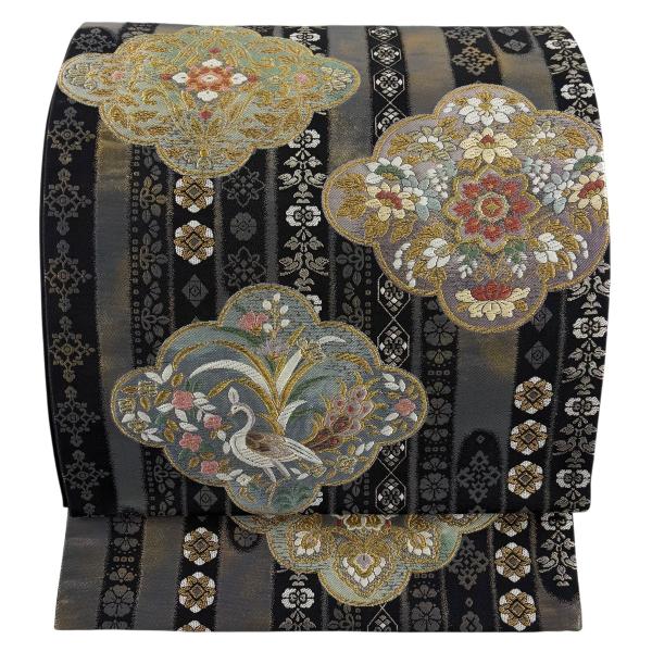 美品 袋帯 秀品 華文 孔雀 金糸 箔 黒 六通 正絹 中古 : リユース