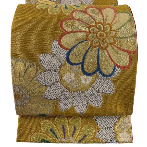 袋帯 秀品 菊 花唐草 金銀糸 箔 山吹茶色 六通 正絹 中古 : リユース