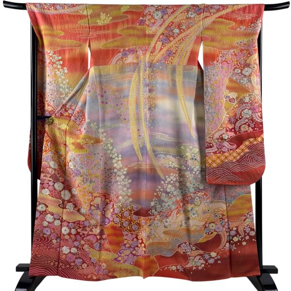 振袖 紺色 辻ヶ花 正絹 【中古】 身丈162cm 裄丈66.5cm 振袖 身丈162cm 裄丈67.5cm L 袷 辻が花柄 絞り 銀通し オレンジ 正絹