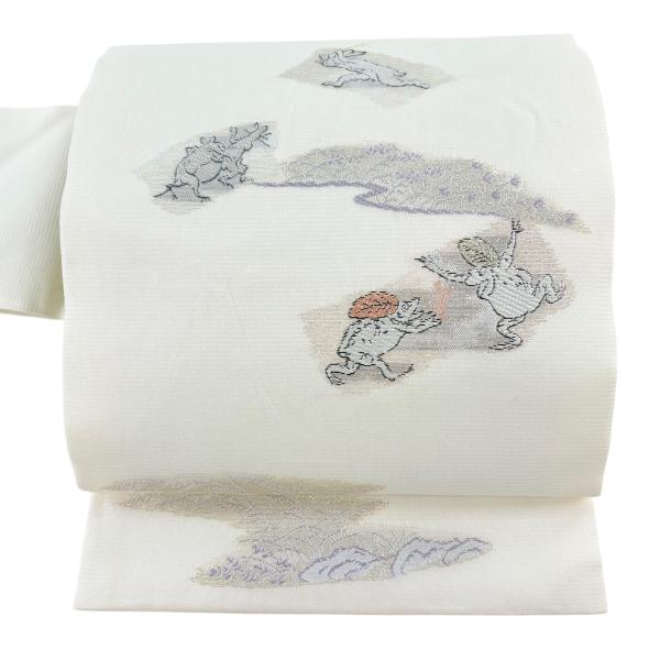 美品 名古屋帯 逸品 夏帯 絽 鳥獣戯画 霞 金糸 ラメ糸 白 正絹 中古