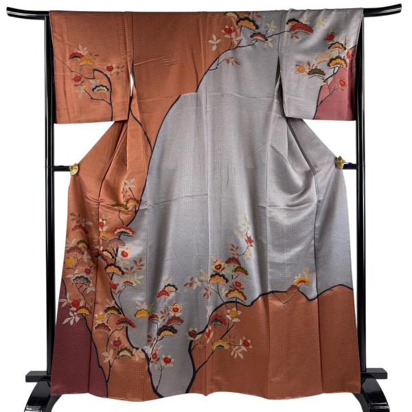 訪問着 身丈165cm 裄丈65.5cm M 袷 松 橘 金彩 染め分け 茶色 正絹 秀品 中古 在庫一掃