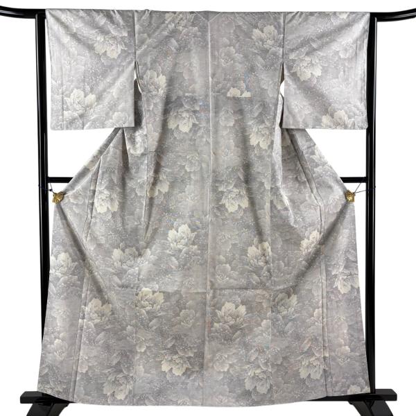 大島紬 身丈161.5cm 裄丈64cm M 袷 名匠たかし 証紙あり 草花 灰紫 正絹 逸品 中古 在庫一掃