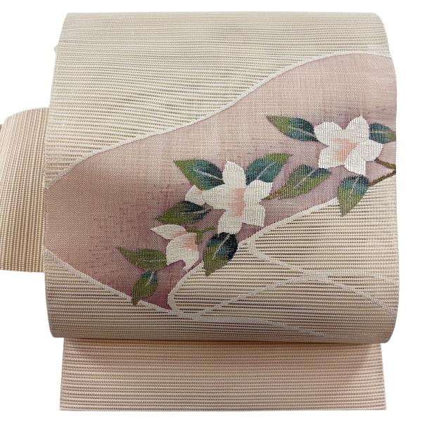 美品 名古屋帯 秀品 夏帯 絽 トンネル仕立て 草花 銀糸 ベージュ 正絹