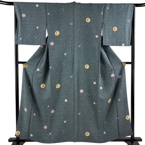 美品 小紋 身丈159cm 裄丈67cm M 袷 大久保玄才 落款あり 葉柄 波頭 緑 正絹 名品 中古 在庫一掃
