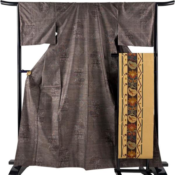 美品 紬 身丈163cm 裄丈66cm M 袷 名古屋帯セット 鳳凰 幾何学模様 焦