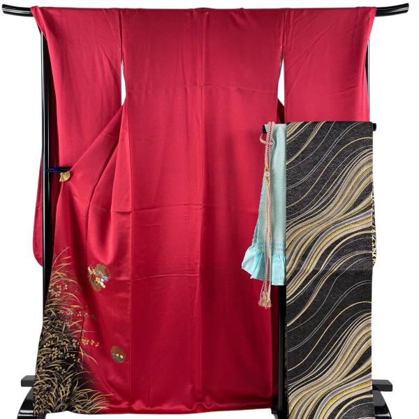 【美品】 振袖 身丈170cm 裄丈66.5cm 正絹 名品 【中古】 振袖 身丈170cm 裄丈67cm M 袷 鴛鴦 牡丹 金銀彩 染め分け 茜色 正絹