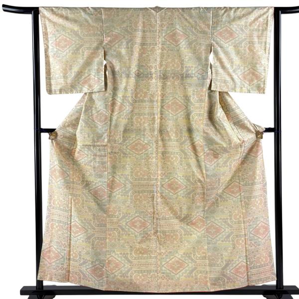 紬 身丈157.5cm 裄丈63cm S 袷 花菱 幾何学模様 ベージュ 正絹 優品 中古
