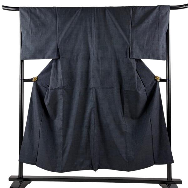 男着物 身丈149cm 裄丈67cm L 袷 アンサンブル 紬 亀甲絣 紺色 正絹 秀品 中古
