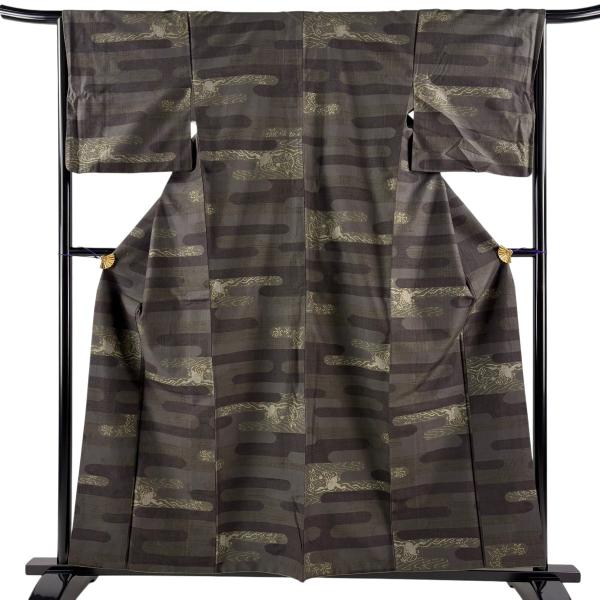 美品 紬 身丈158cm 裄丈65cm M 袷 鳥獣戯画 ヱ霞 深緑 正絹 名品 中古
