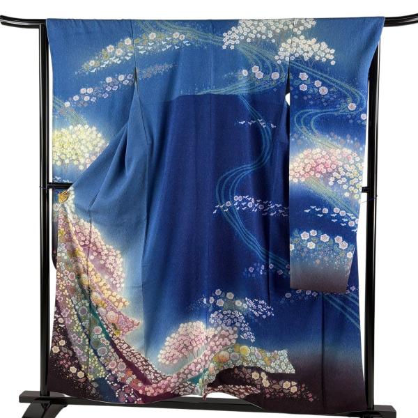 青花総柄 振袖 装い金彩 身丈157.5 裄66 袖丈111 振袖 身丈156cm 裄丈66.5cm M 袷 吉乃一廉 落款あり 辻が花 金通し
